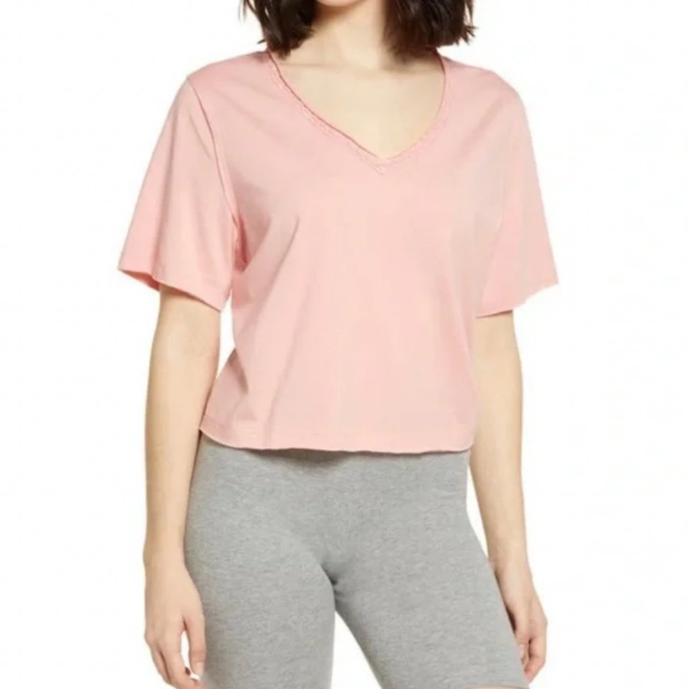 Nordstrom BP Oversized Lace Trim T-Shirt Pink Pudding Size Small V-Neck Tee Top